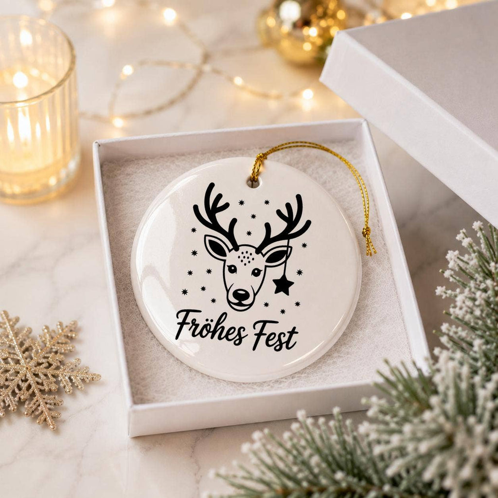 Fröhliche Fest Reindeer Ceramic Christmas Ornament