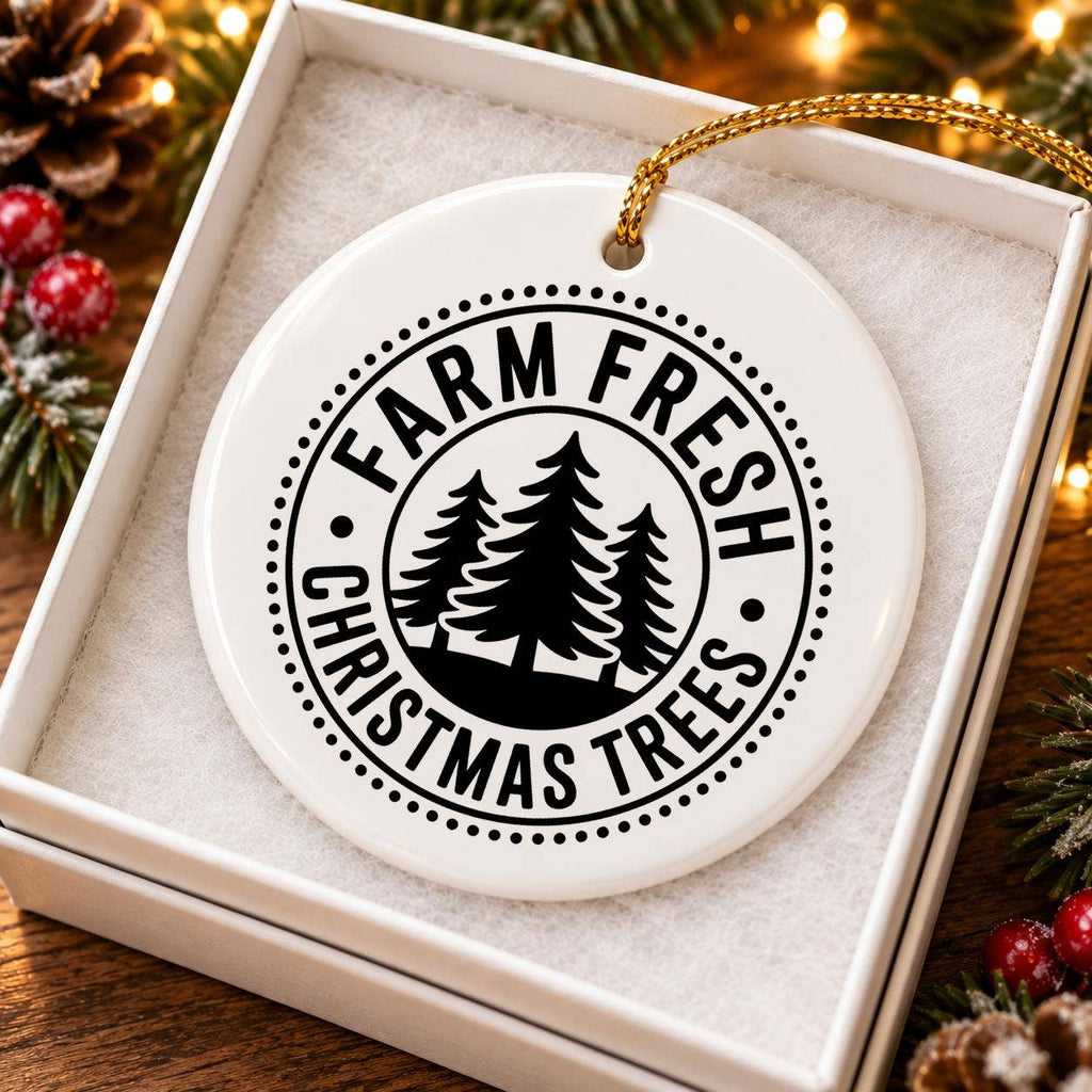 Farm Fresh Pine Trees Rustic Ceramic Ornament with Gift Box