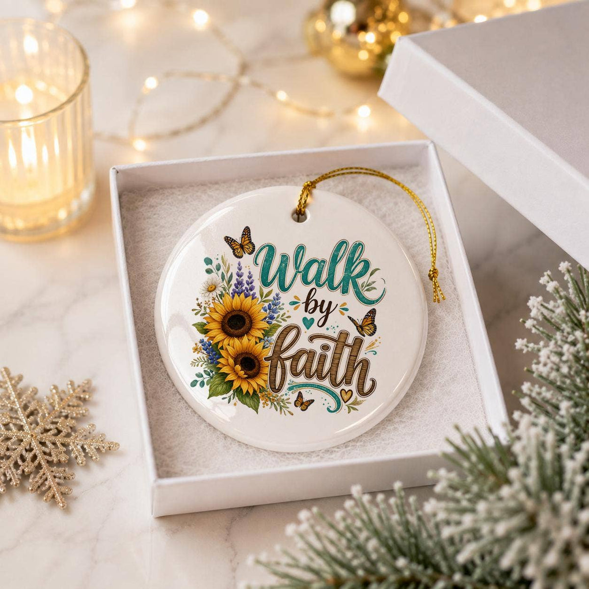 Walk by Faith Sunflower Ceramic Ornament Gift Box