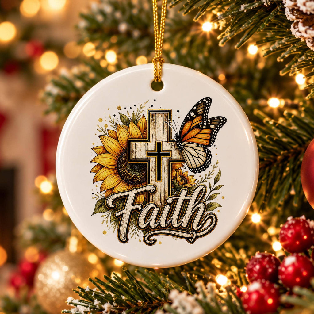 Faith Cross Sunflower Ceramic Ornament Gift Boxed