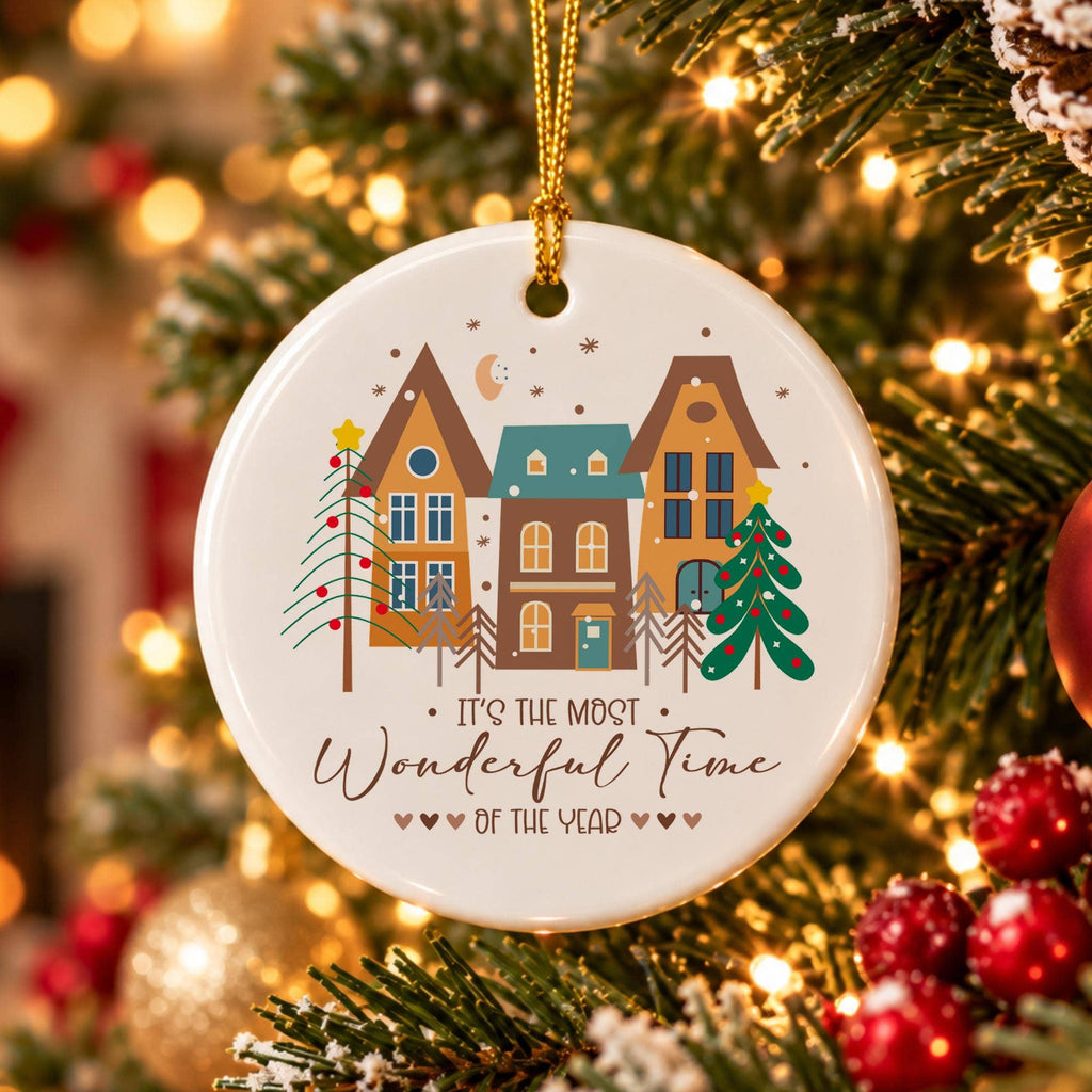 Ceramic Christmas Ornament with Gift Box Holiday Scene