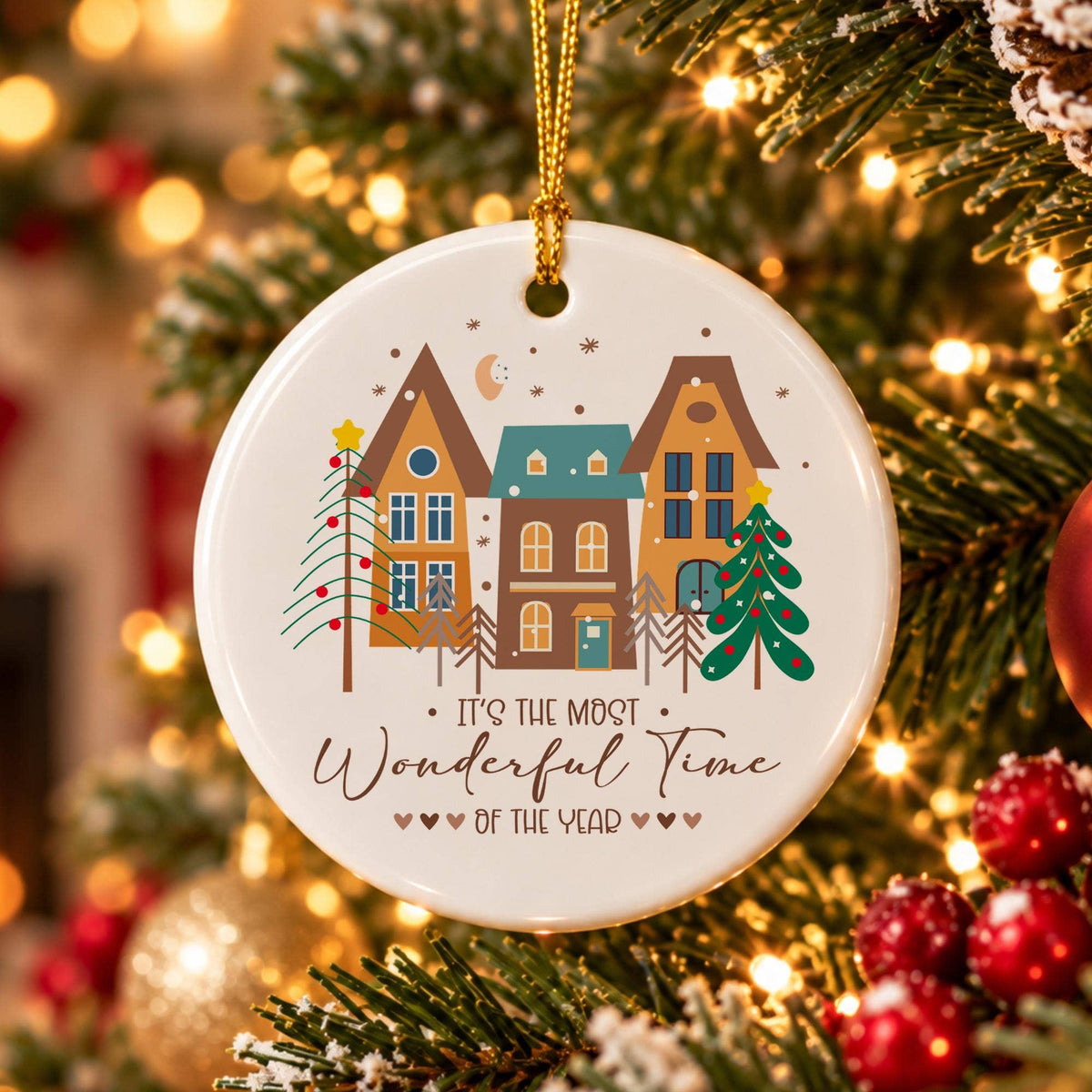 Ceramic Christmas Ornament with Gift Box Holiday Scene