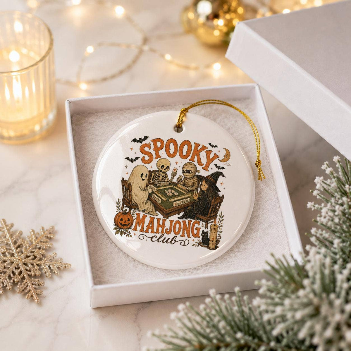 Vintage Ceramic Halloween Ornament with Mahjong Ghosts Scene