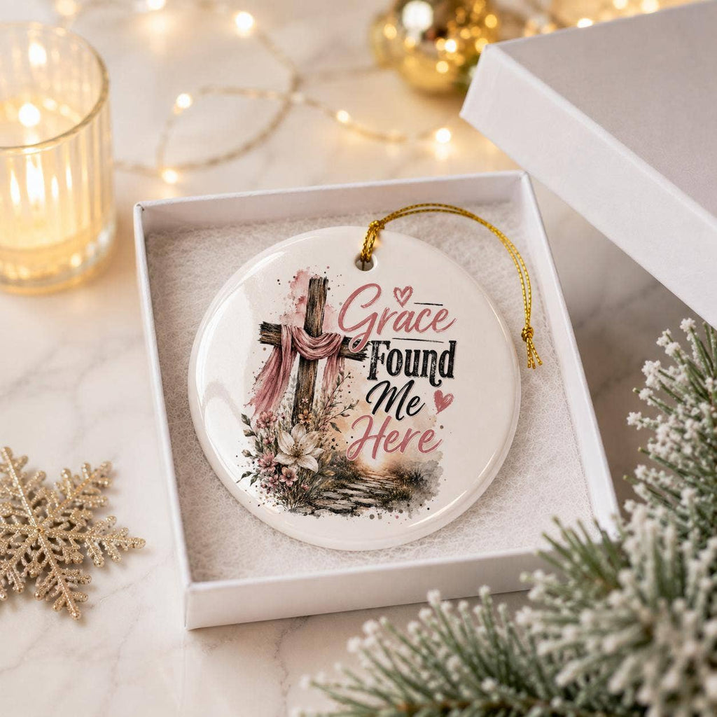 Grace Found Me Ceramic Ornament with Cross & Floral Motif