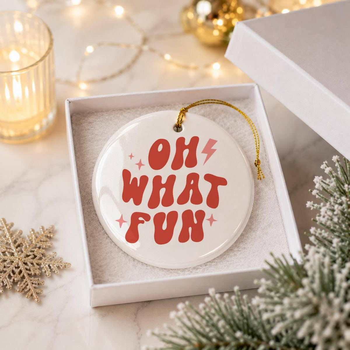 Oh What Fun Ceramic Christmas Ornament Gift Box