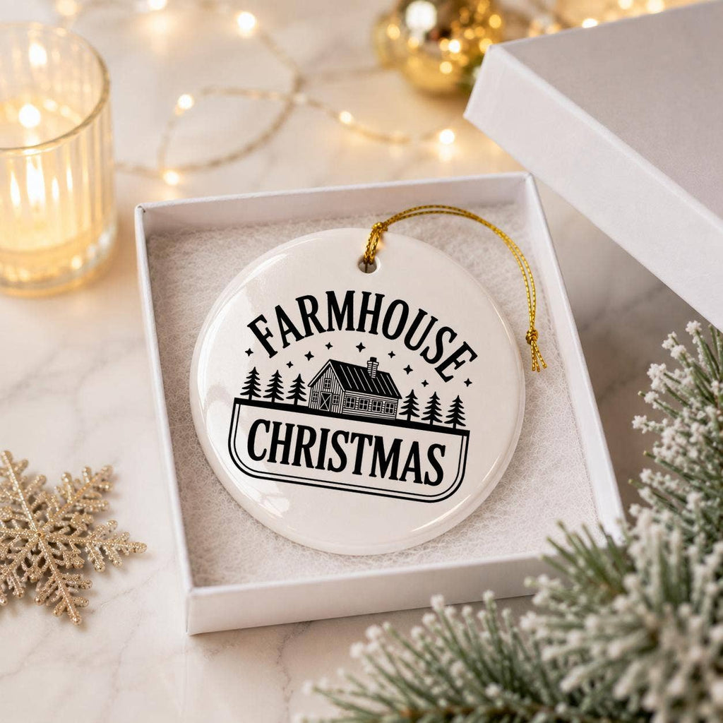 Farmhouse Christmas Ceramic Ornament with Gift Box