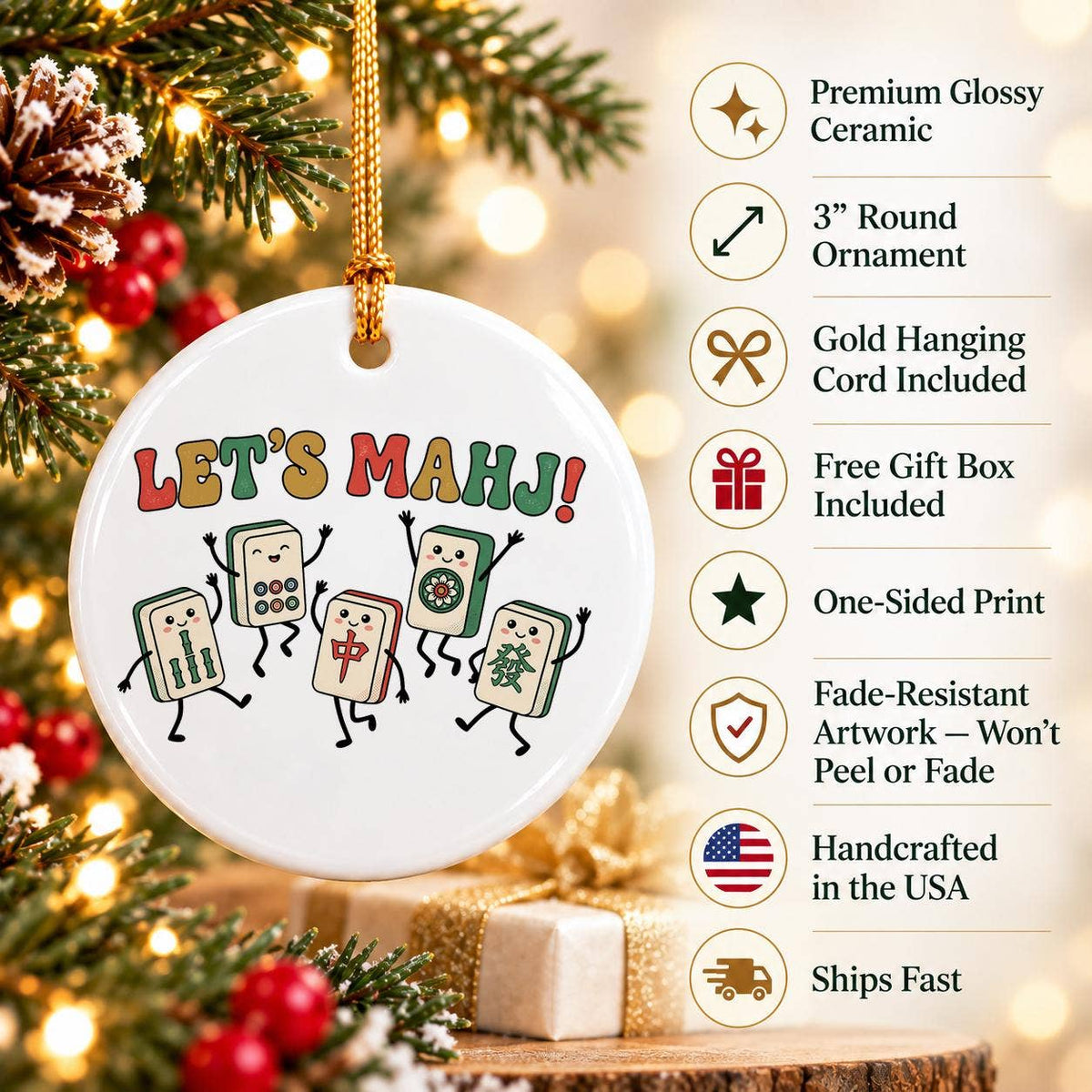 Premium Ceramic Mahjong Christmas Ornament with Gift Box
