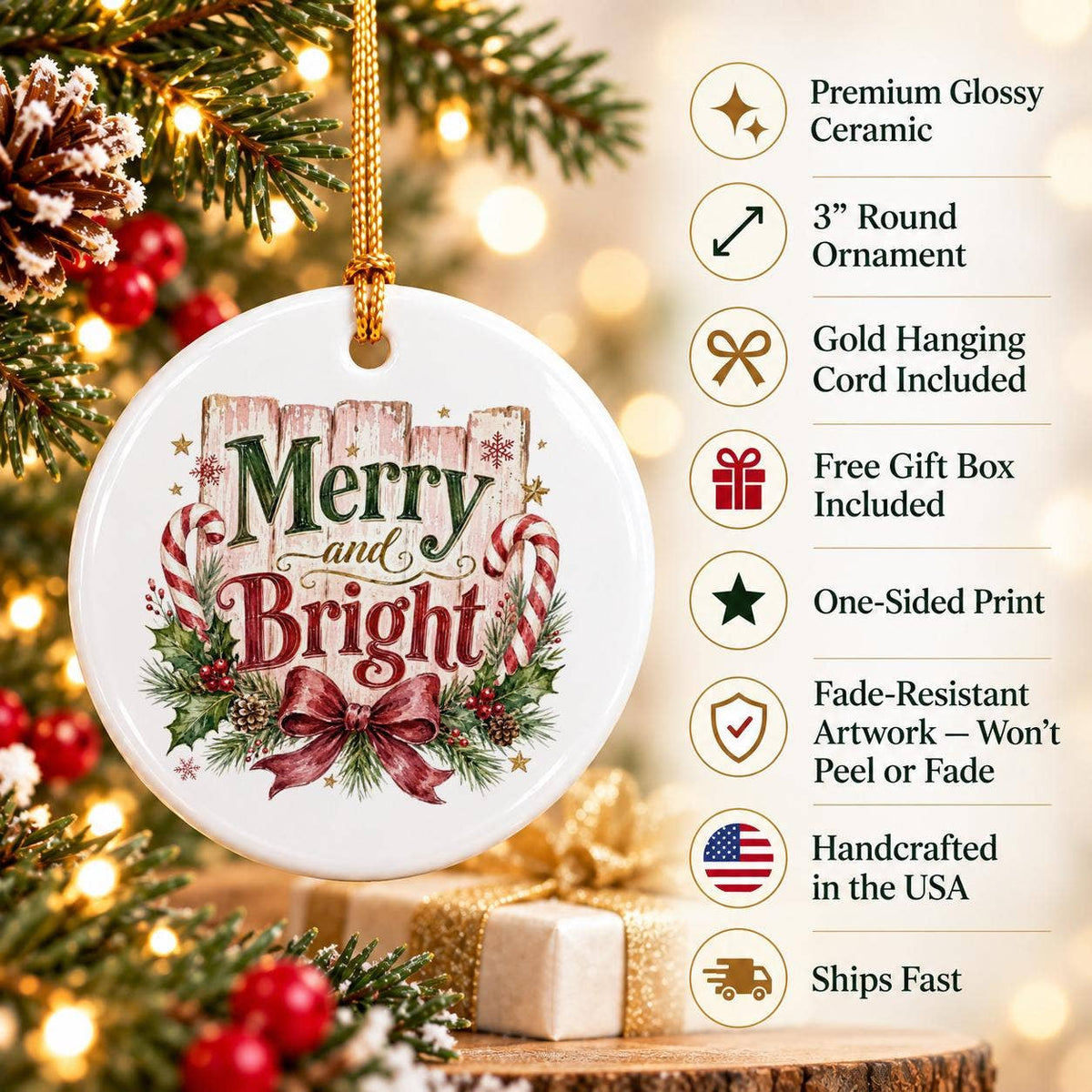 Merry & Bright Ceramic Ornament with Candy Canes & Holly