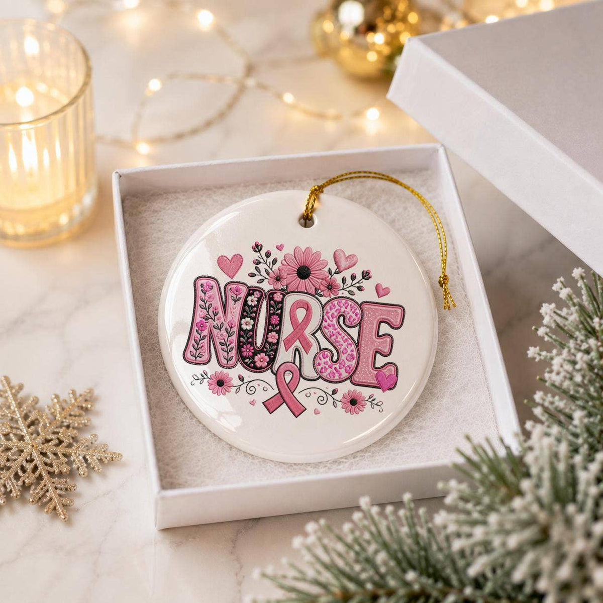 Nurse Pink Ribbon Floral Ceramic Christmas Ornament