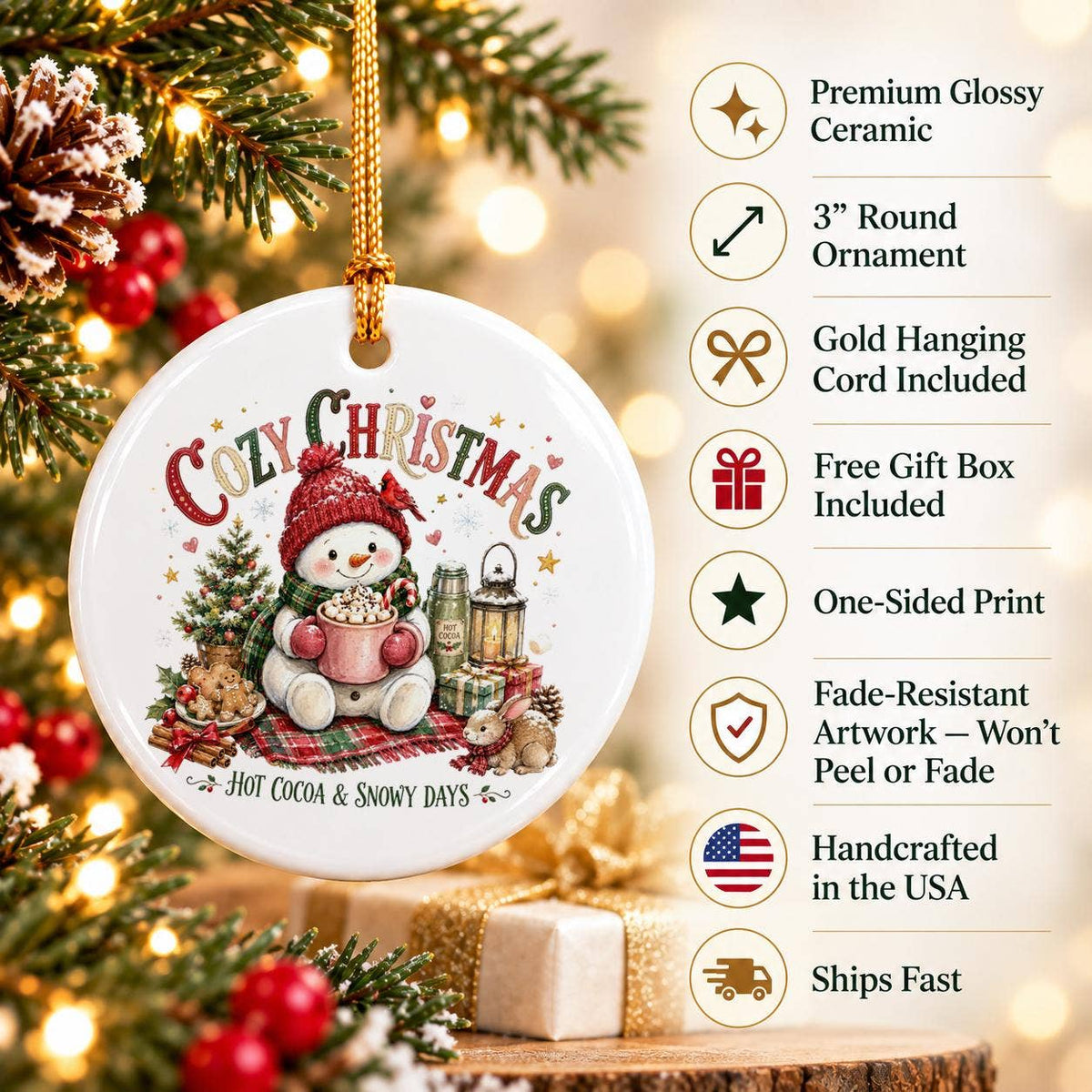 Ceramic Snowman Ornament with Hot Cocoa & Red Hat Christmas
