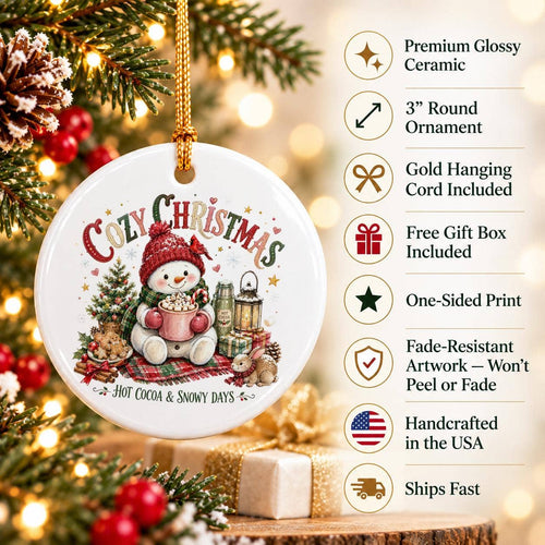 Ceramic Snowman Ornament with Hot Cocoa & Red Hat Christmas
