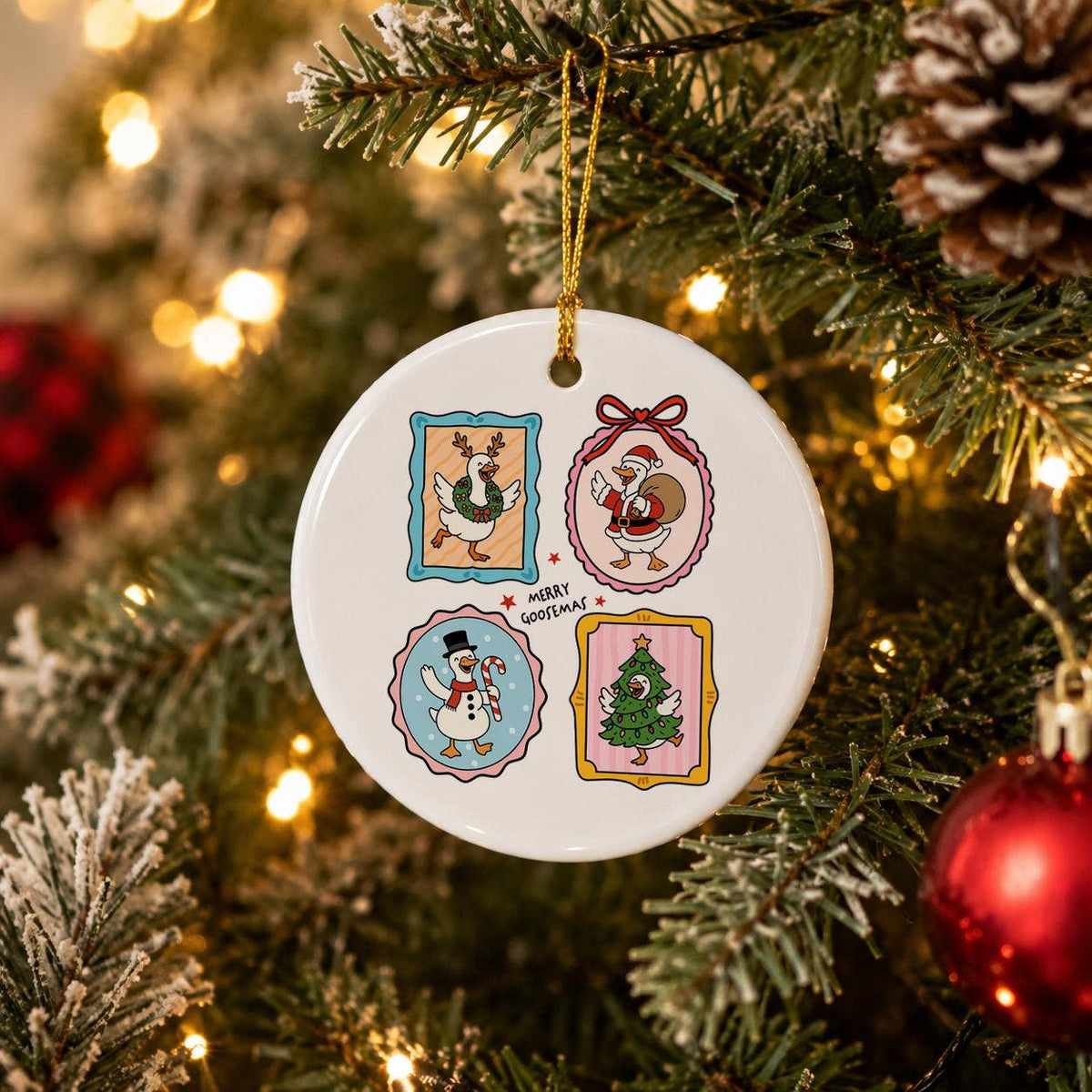 Merry Goosmas Ceramic Ornament with Goose, Santa & Tree