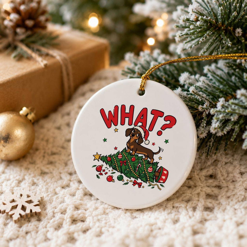 Humorous Ceramic Dachshund and Christmas Tree Ornament Gift