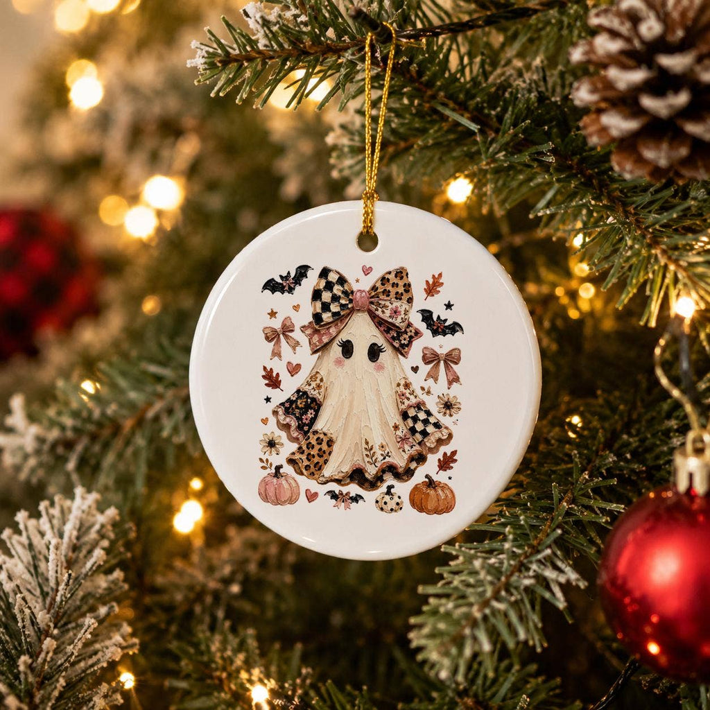 Whimsical Halloween Ghost Ceramic Ornament with Pumpkins