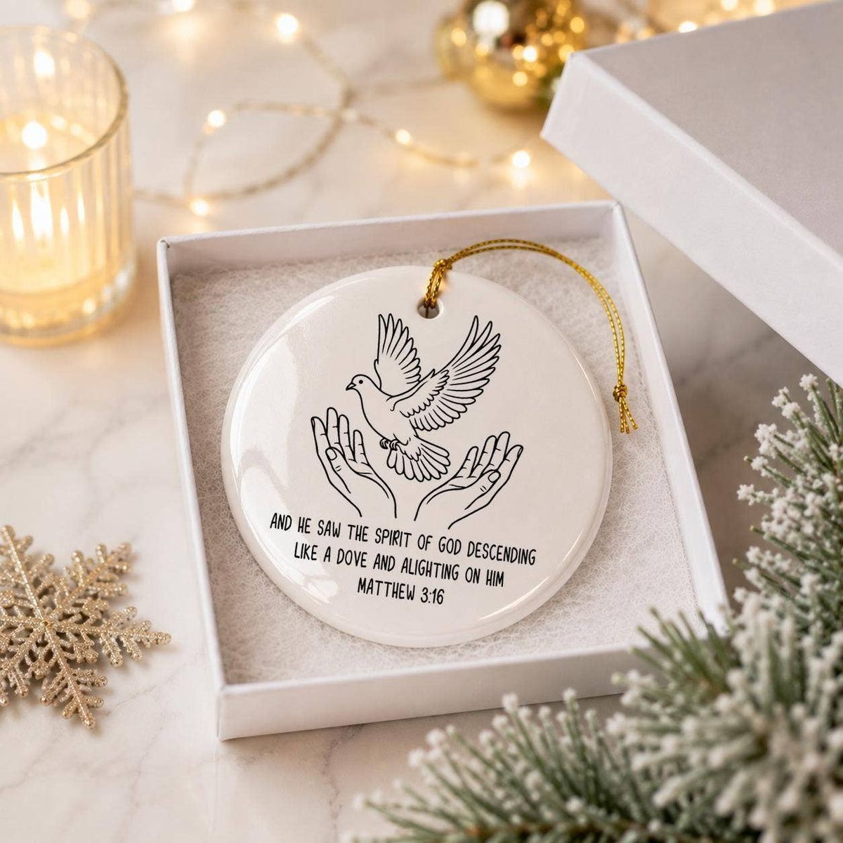 Ceramic Dove Ornament with Matthew 3:16 Bible Verse