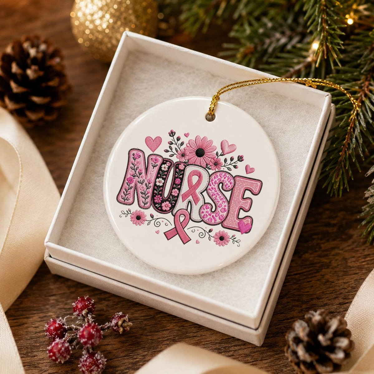 Nurse Pink Ribbon Floral Ceramic Christmas Ornament