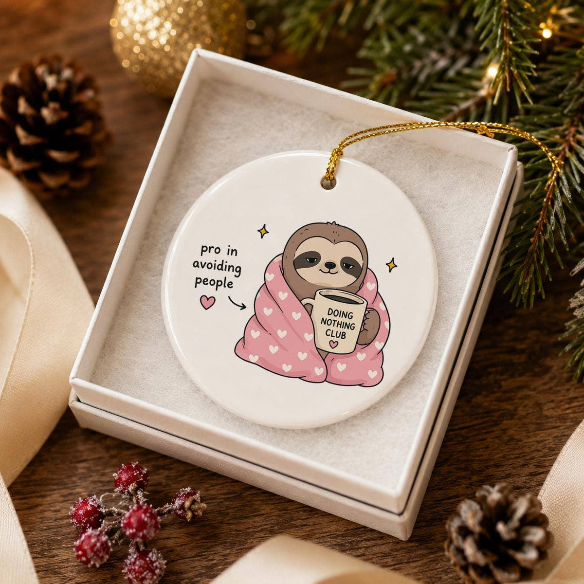 Introvert Sloth Ceramic Ornament with Heart Blanket & Mug