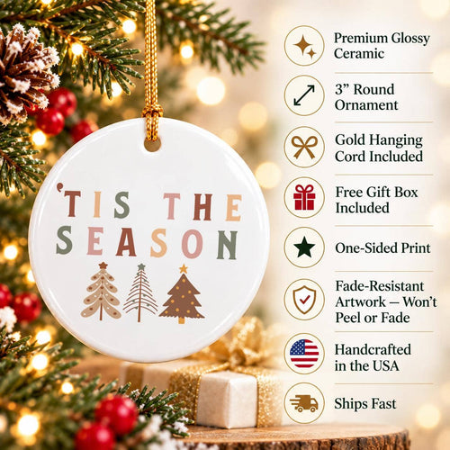 Ceramic Christmas Ornament with Tree Motifs and Gold Ribbon