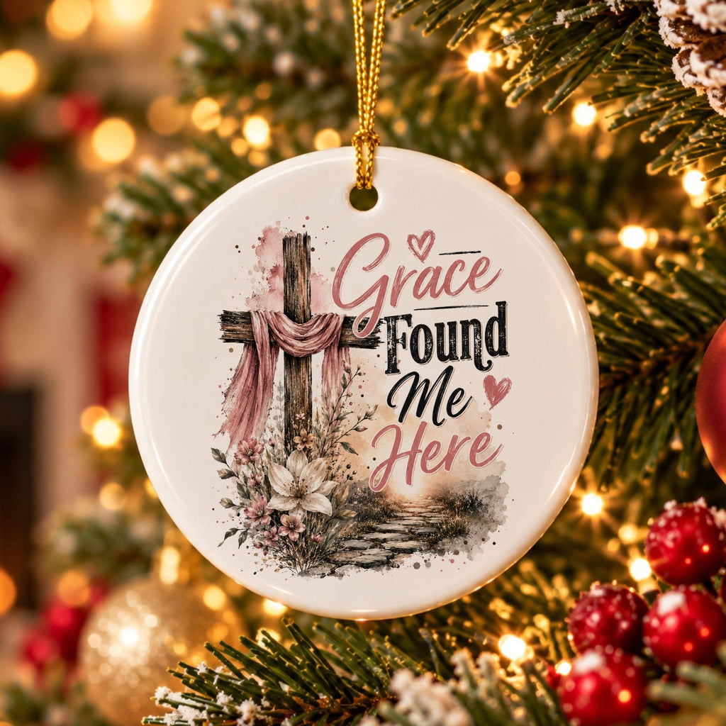 Grace Found Me Ceramic Ornament with Cross & Floral Motif