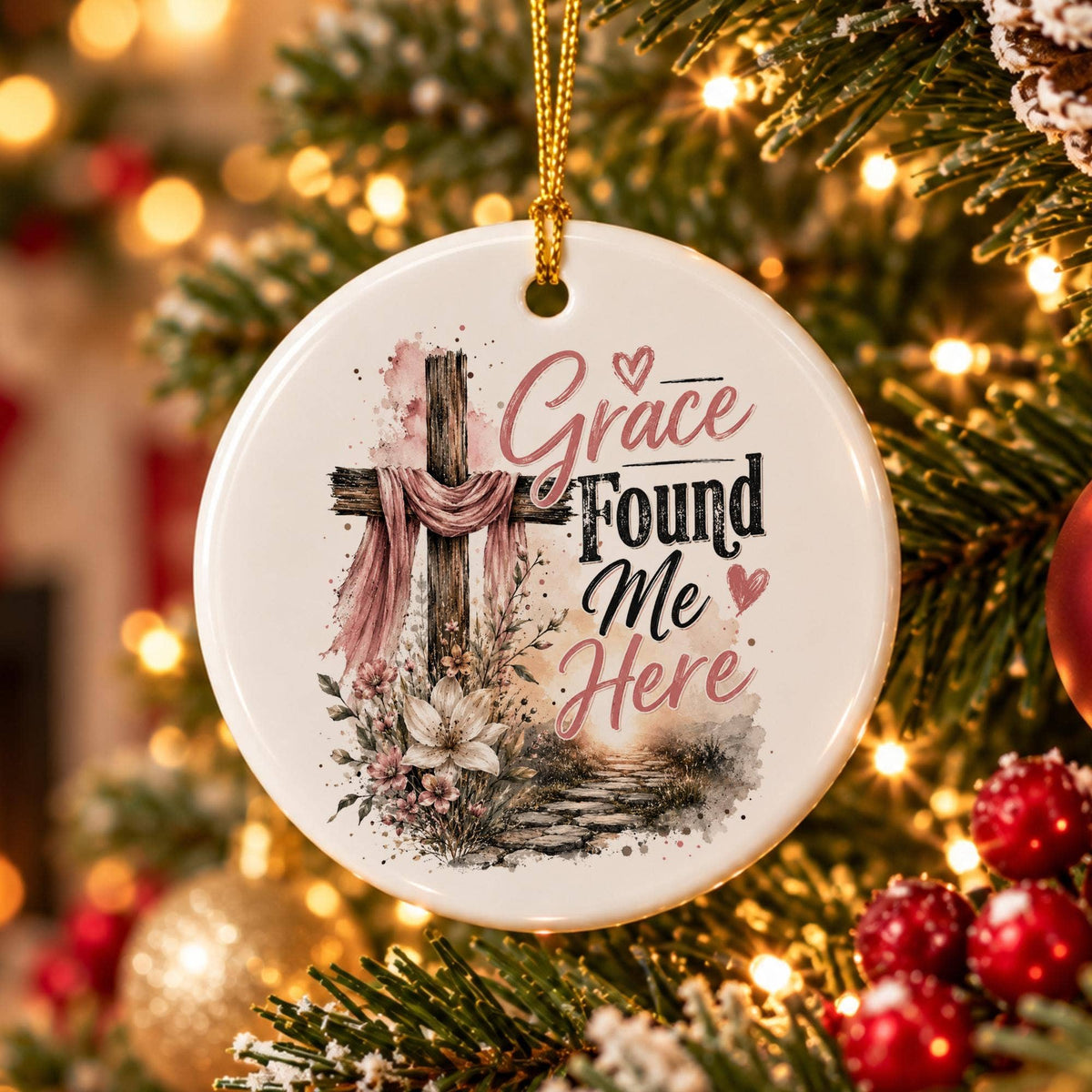Grace Found Me Ceramic Ornament with Cross & Floral Motif
