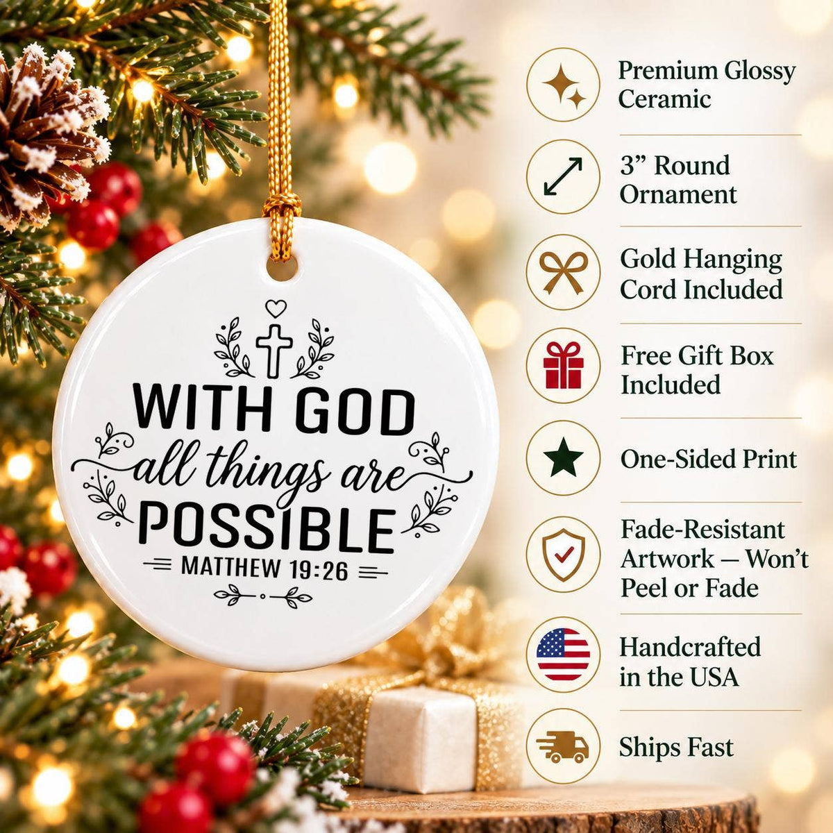 Ceramic Ornament: Cross, Laurel, "With God, All Possible