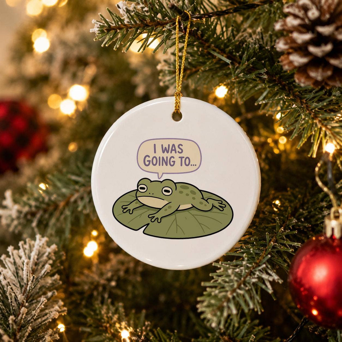 Whimsical Frog on Lily Pad Ceramic Ornament Holiday Humor
