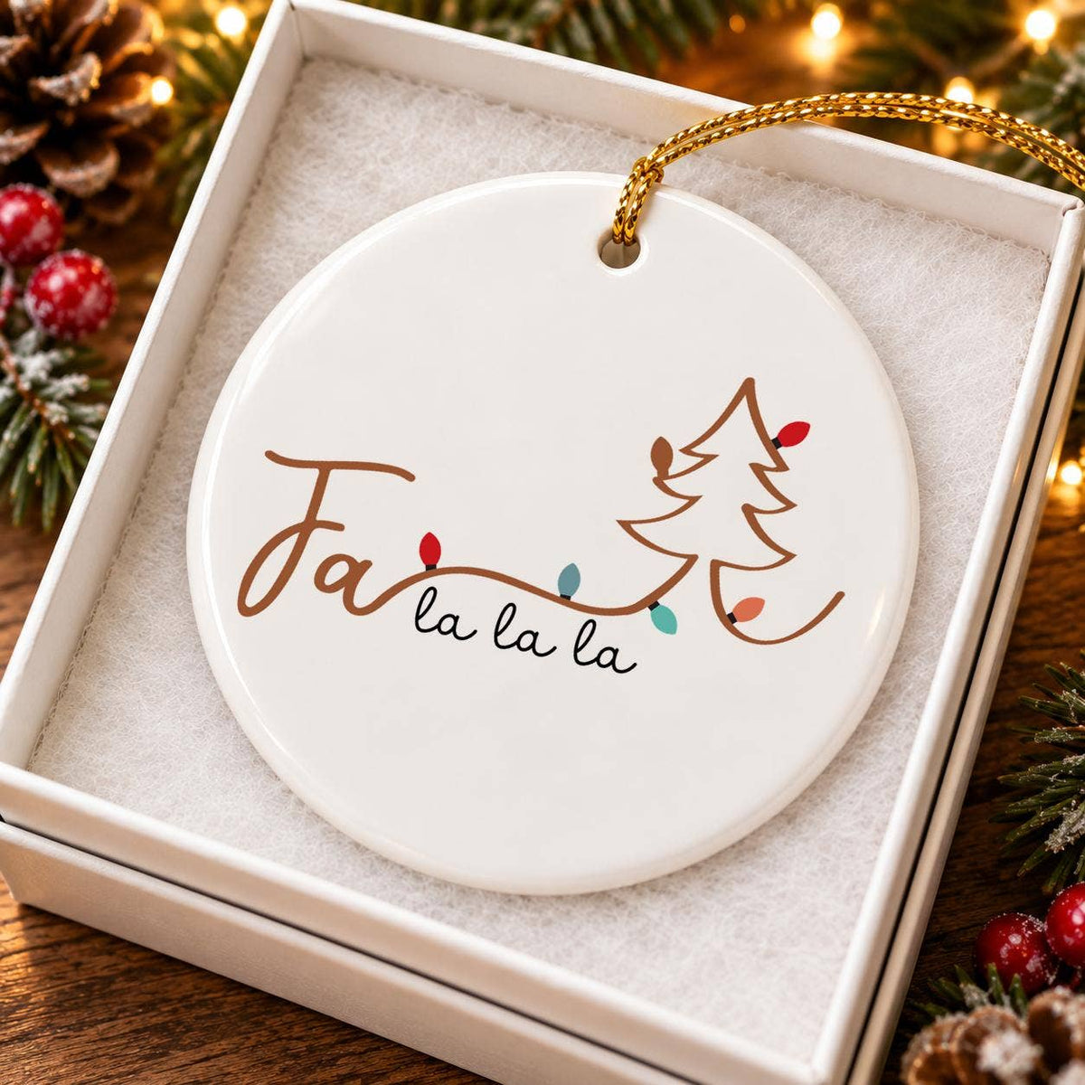 Fa La La Ceramic Ornament with Christmas Tree & Gift Box