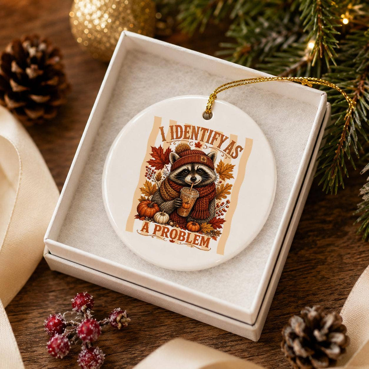 Autumn Raccoon Humor Ceramic Ornament with Pumpkins & Leaves