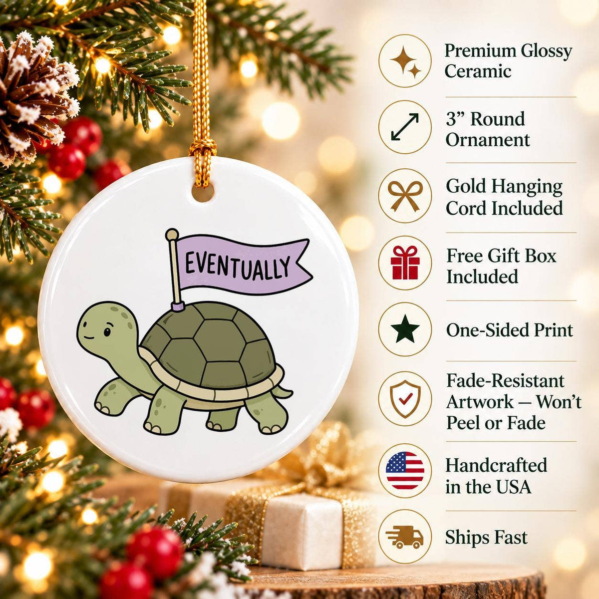 Charming Ceramic Turtle Christmas Ornament with Gold Ribbon
