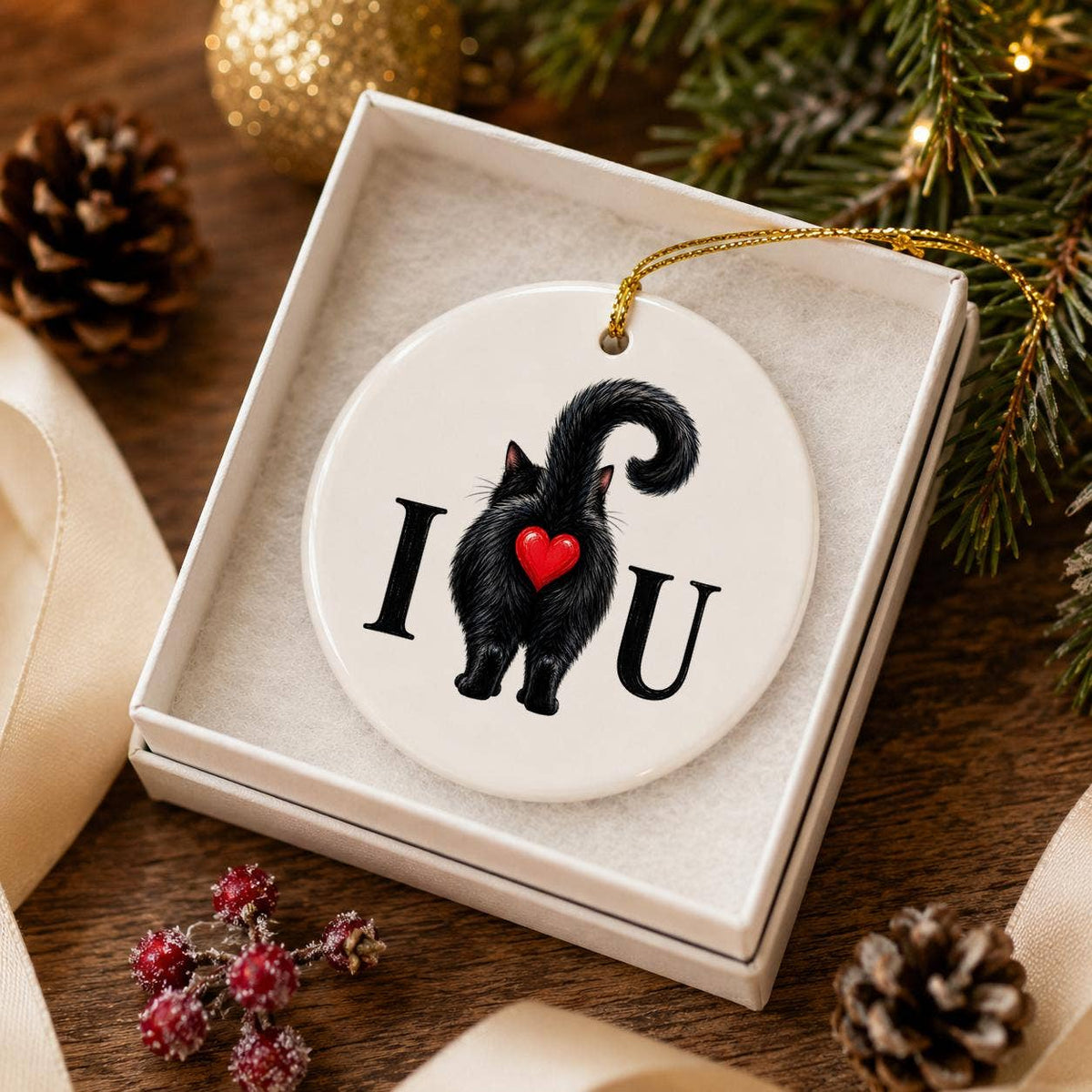Charming Ceramic Black Cat Ornament with Red Heart Gift Box