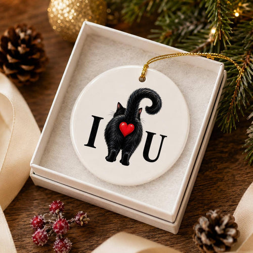 Charming Ceramic Black Cat Ornament with Red Heart Gift Box