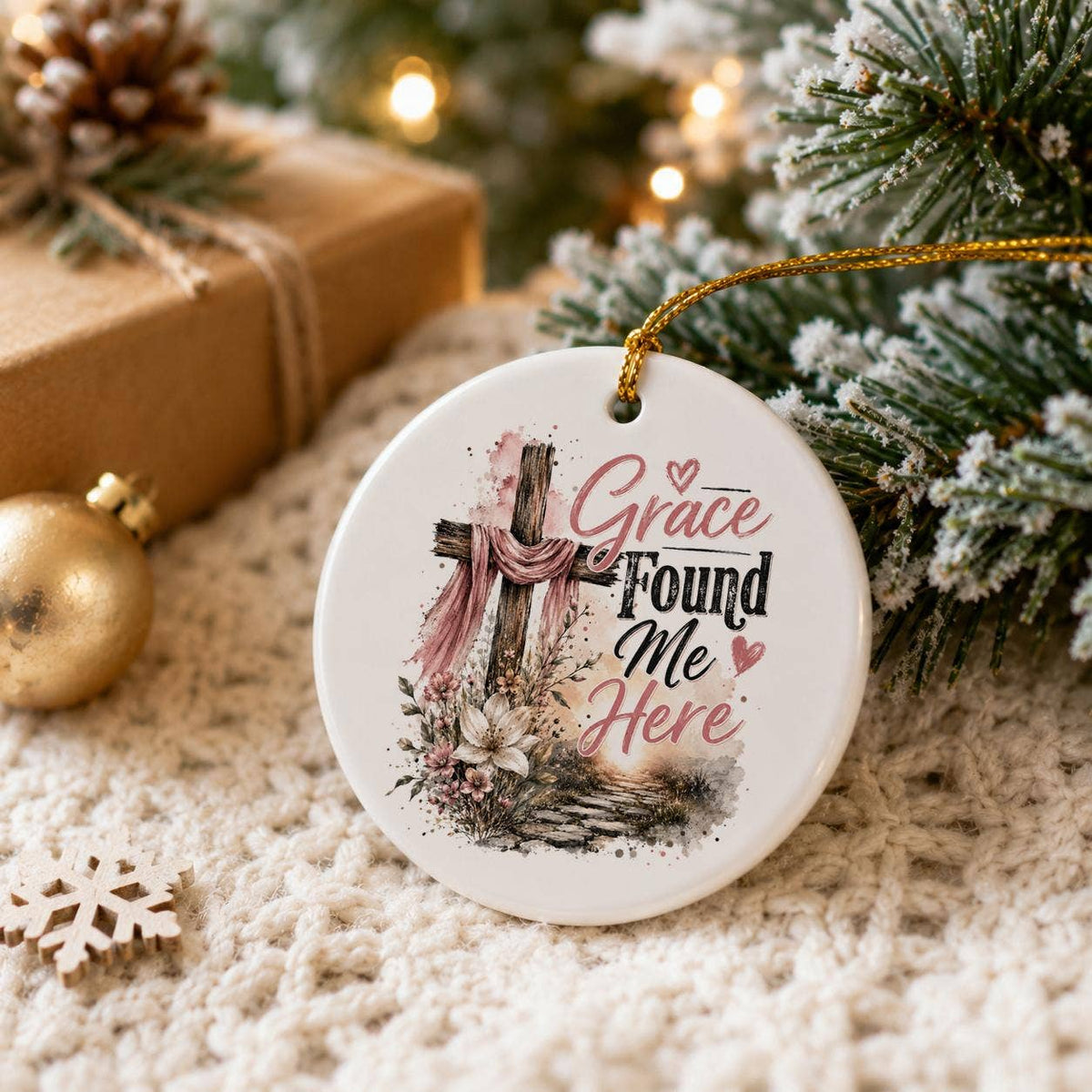 Grace Found Me Ceramic Ornament with Cross & Floral Motif
