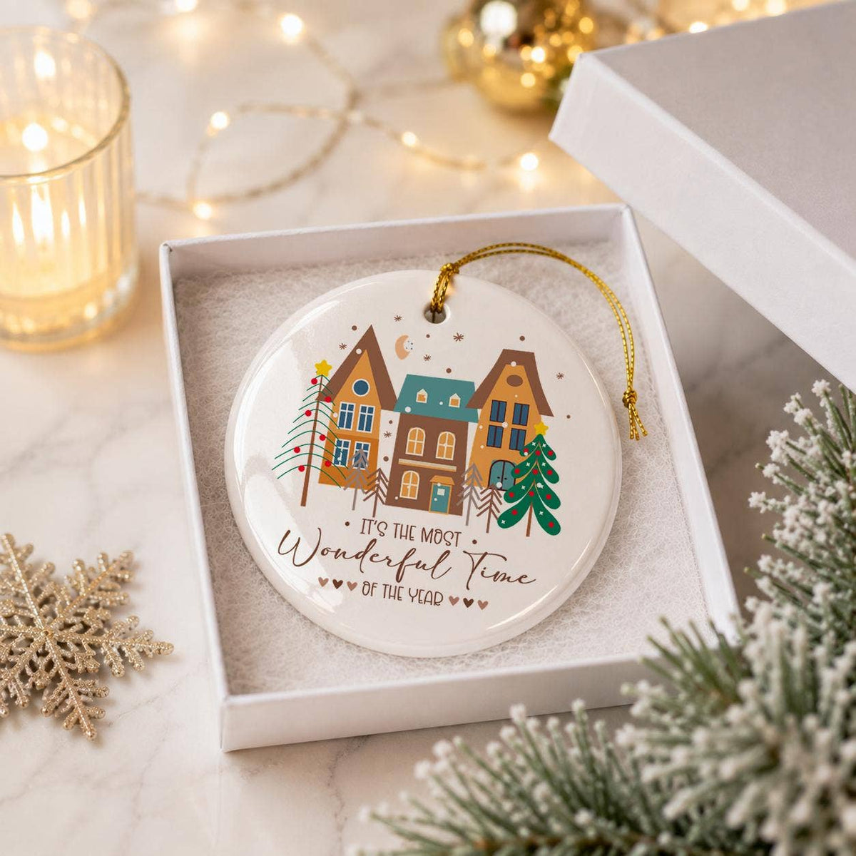 Ceramic Christmas Ornament with Gift Box Holiday Scene