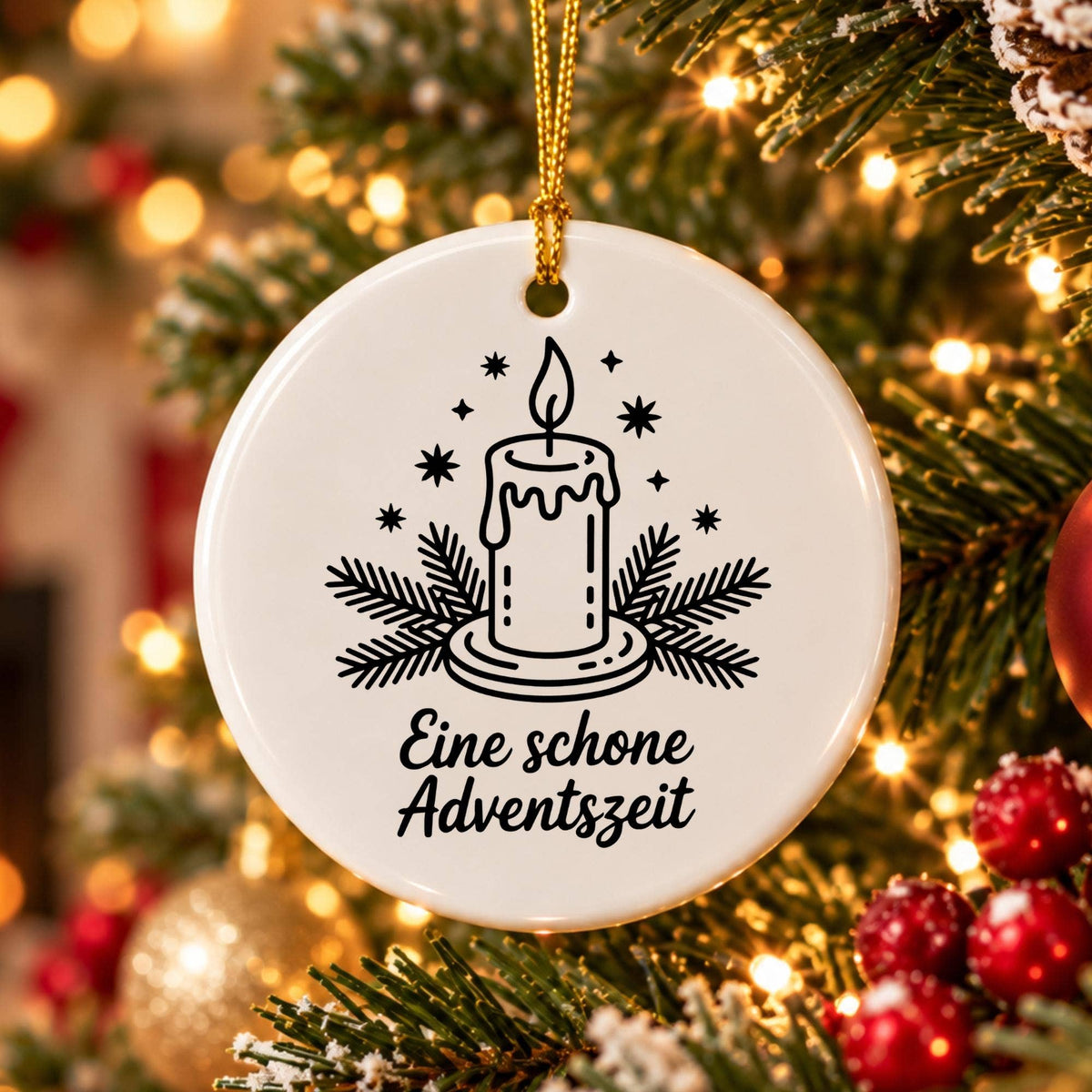 Ceramic Advent Ornament with Candle and Pine Motif in Box