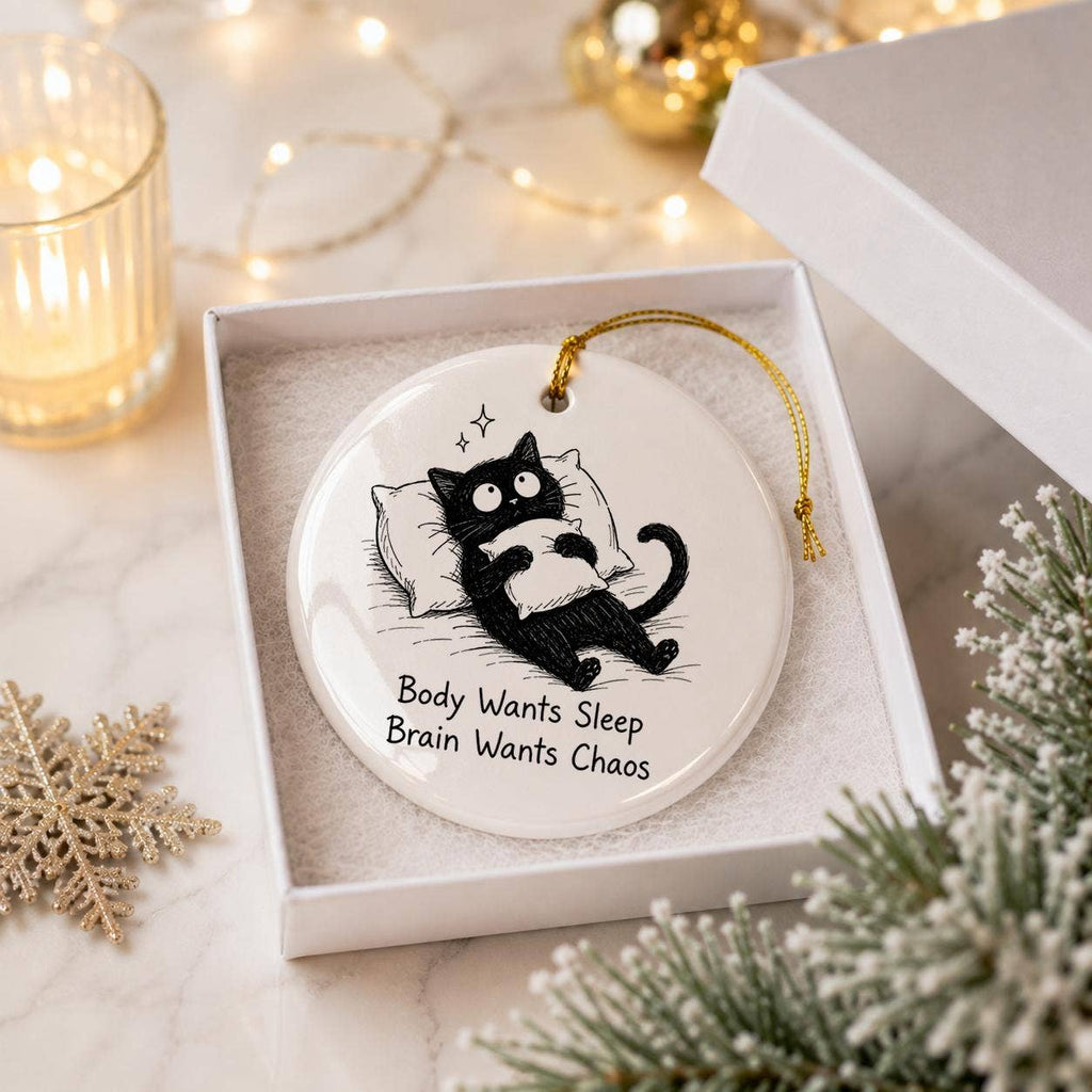 Whimsical Sleepy Cat Ceramic Holiday Ornament with Humor