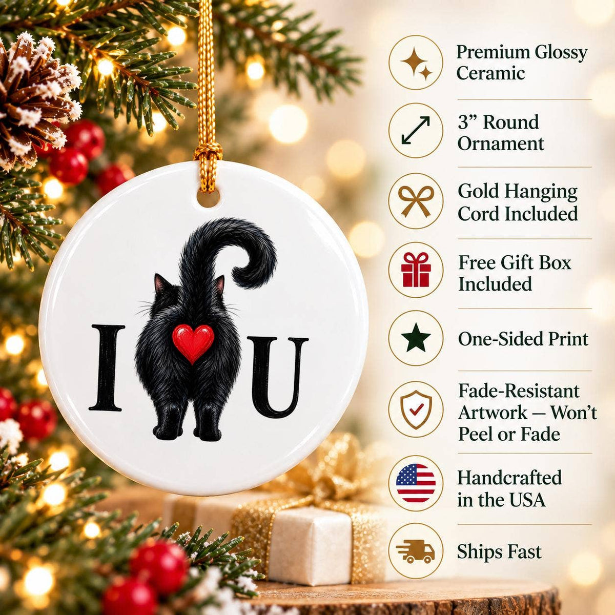 Charming Ceramic Black Cat Ornament with Red Heart Gift Box