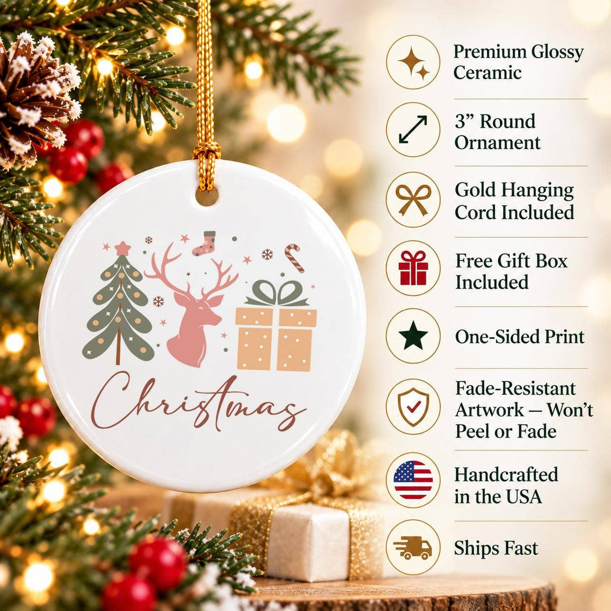 Festive Christmas Ornament: Reindeer, Tree, Gift in Ceramic
