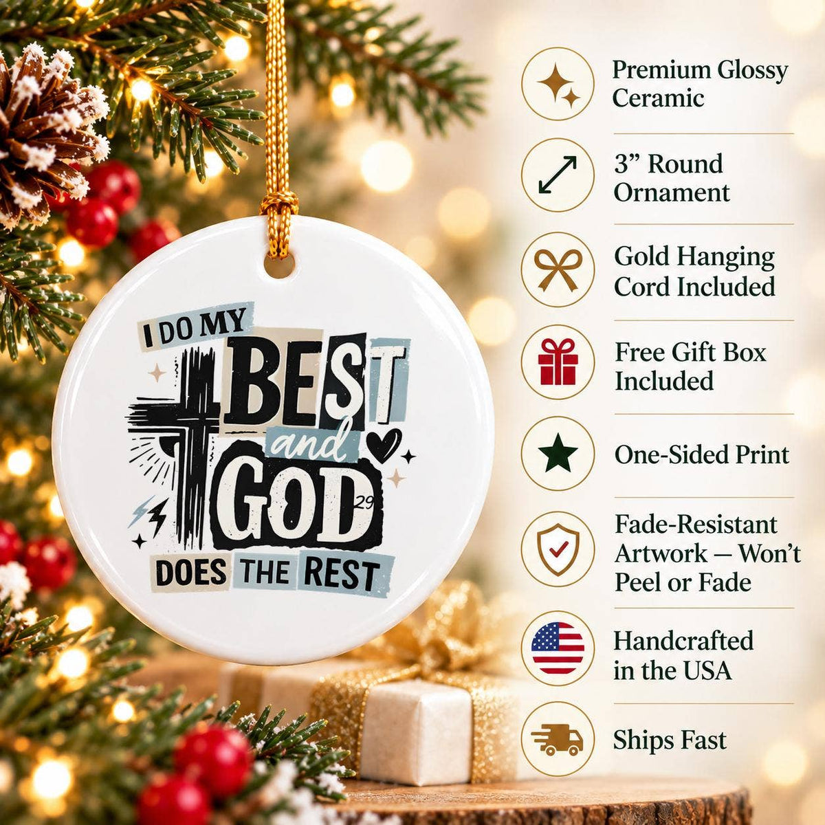 Religious Ceramic Ornament with Cross and Motivational Text