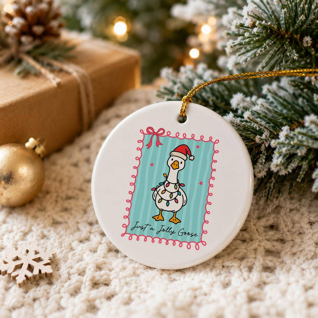 Jolly Goose Ceramic Ornament with Santa Hat & Holiday Lights
