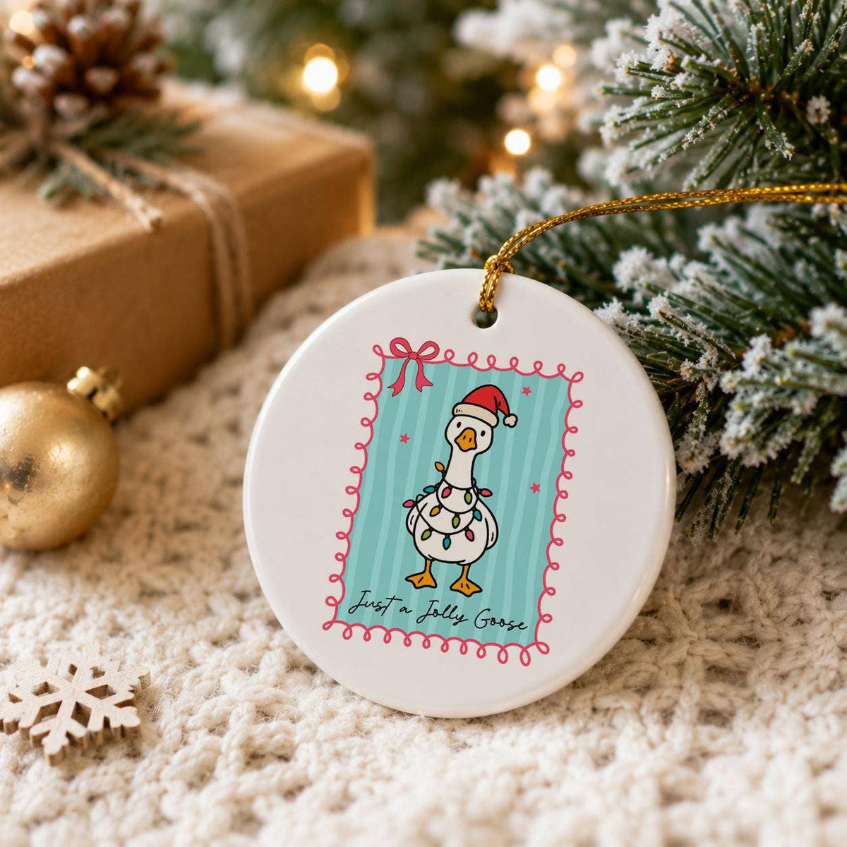 Jolly Goose Ceramic Ornament with Santa Hat & Holiday Lights