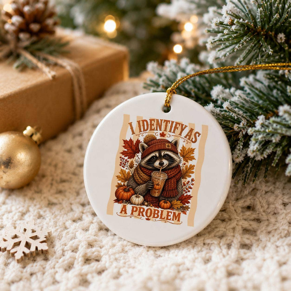 Autumn Raccoon Humor Ceramic Ornament with Pumpkins & Leaves