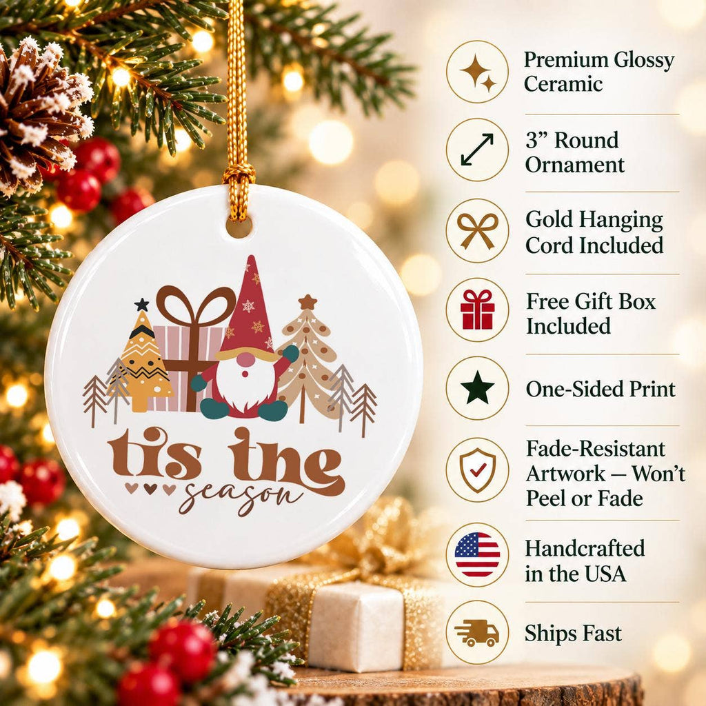 Festive Gnome Ceramic Ornament with Christmas Trees & Gifts