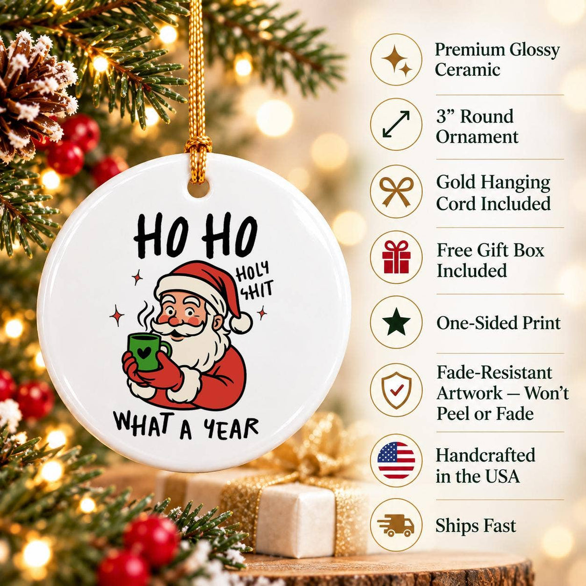 Funny Santa Ceramic Christmas Ornament with Gift Box