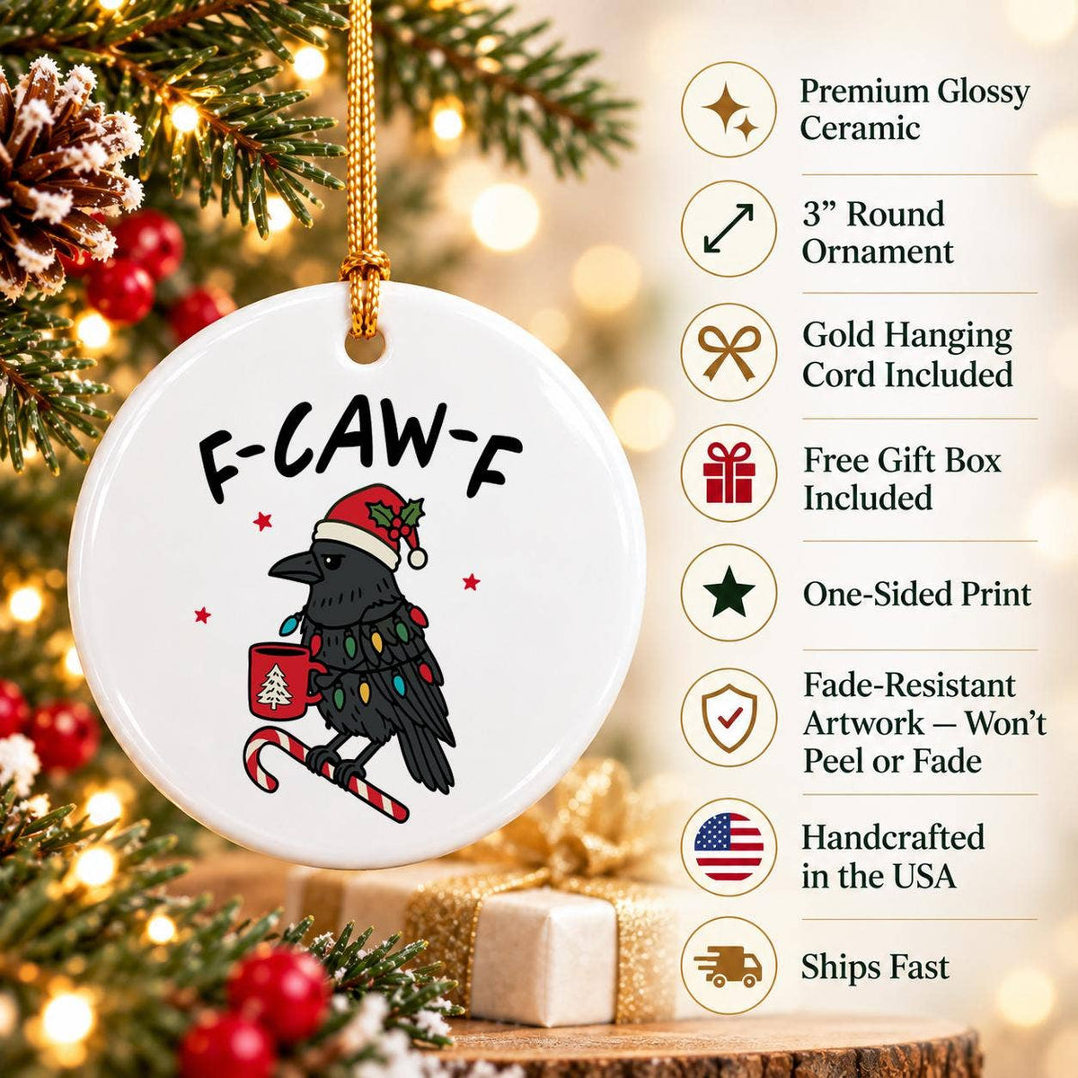 Whimsical Crow Christmas Ornament with Santa Hat in Gift Box