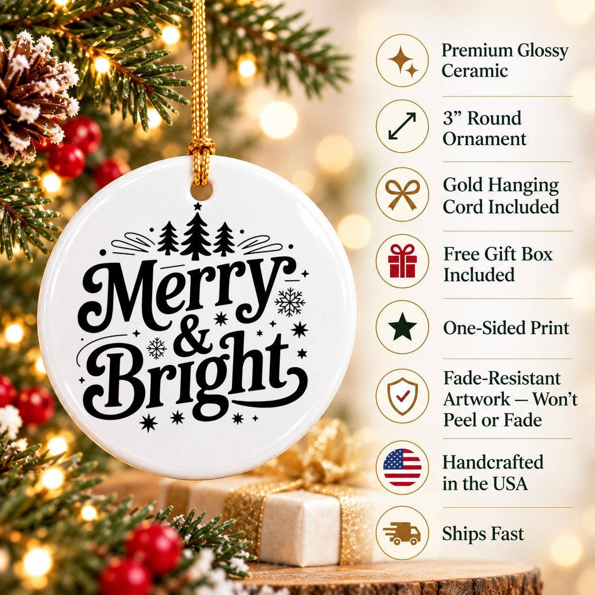 Merry & Bright Stars & Snowflakes Ceramic Christmas Ornament