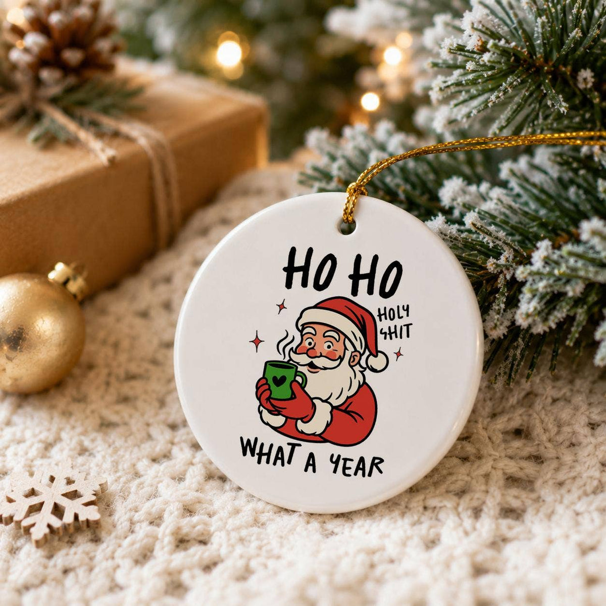 Funny Santa Ceramic Christmas Ornament with Gift Box