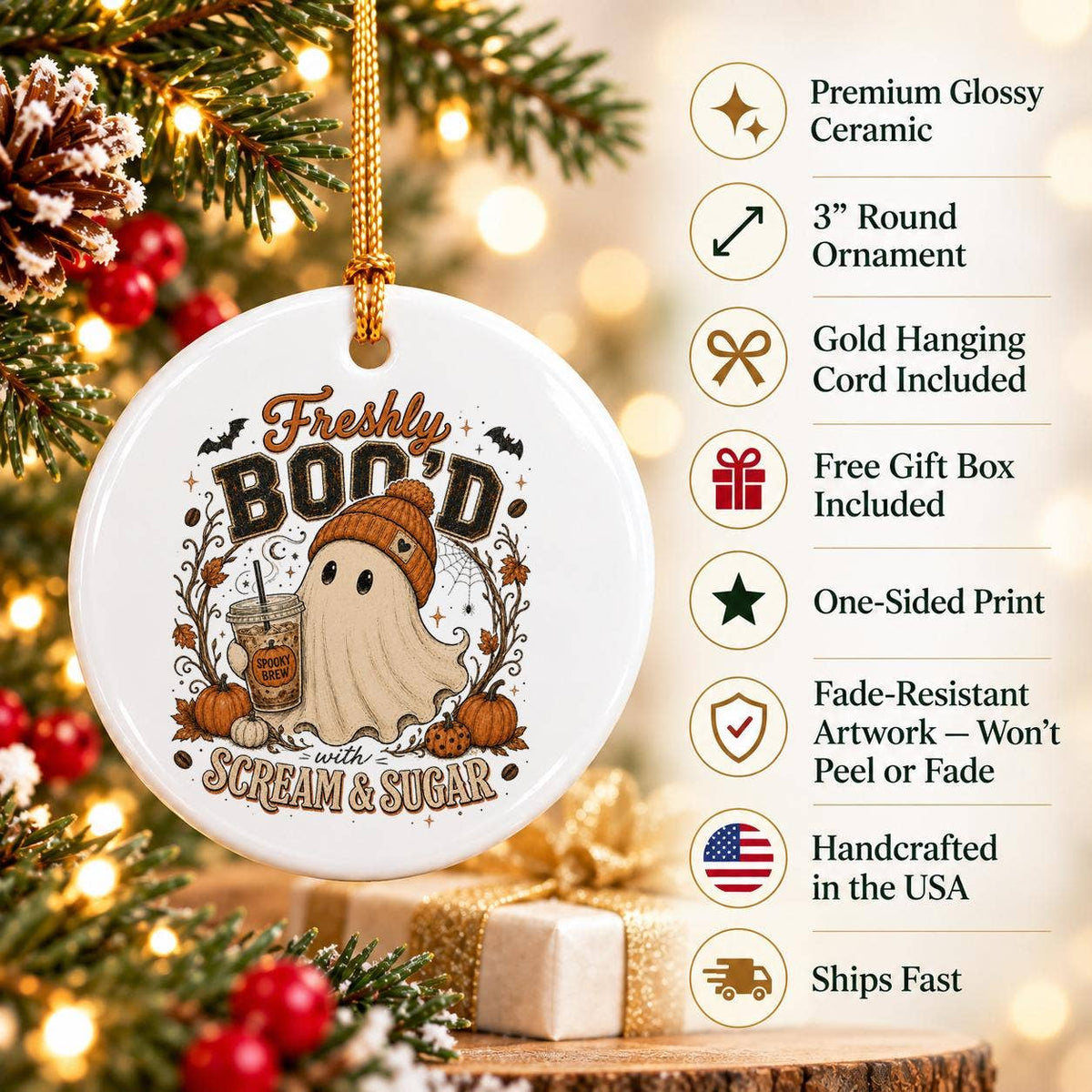 Freshly Bood Ghost & Pumpkin Ceramic Halloween Ornament