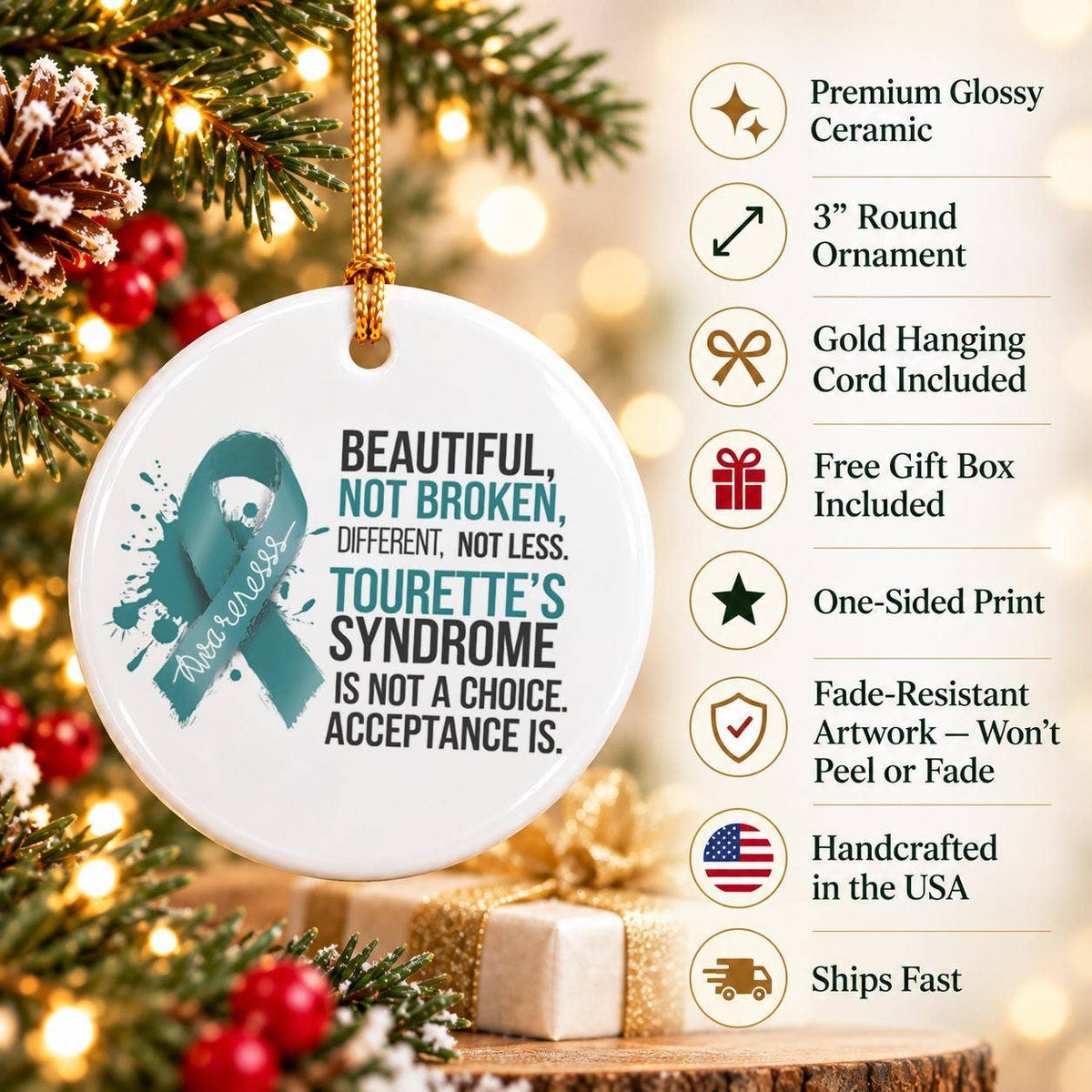 Tourettes Awareness Teal Ribbon Ornament Gift Boxed Holiday