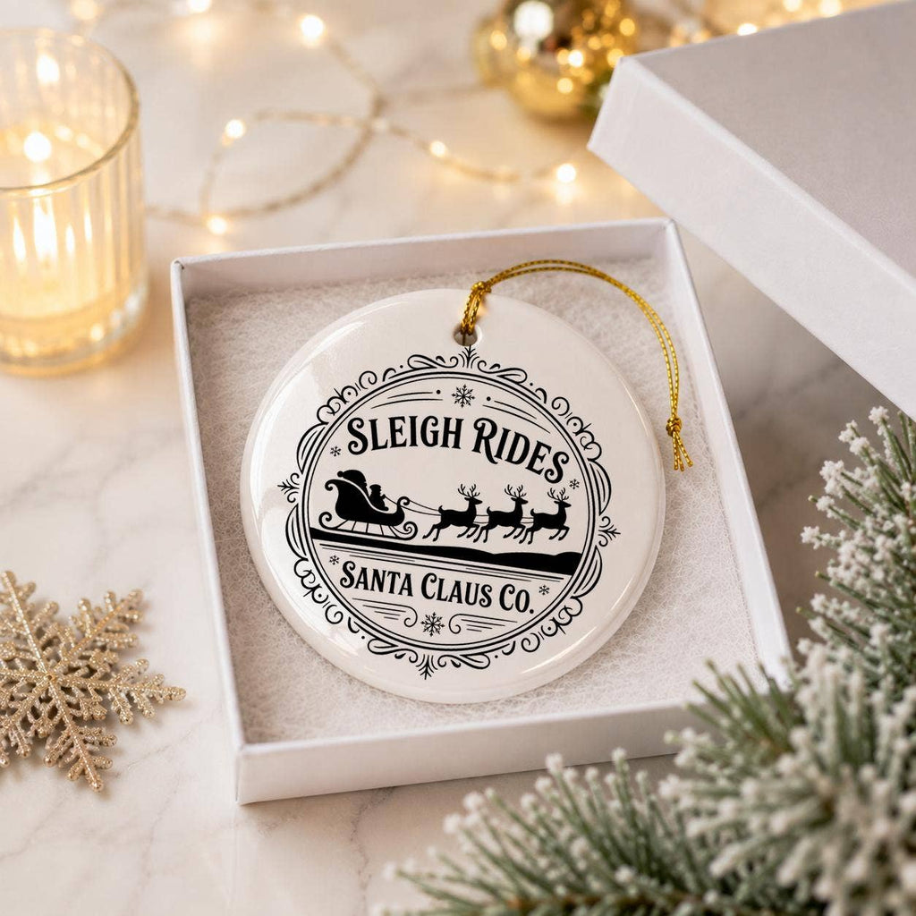Santas Sleigh Reindeer Ceramic Ornament with Gift Box