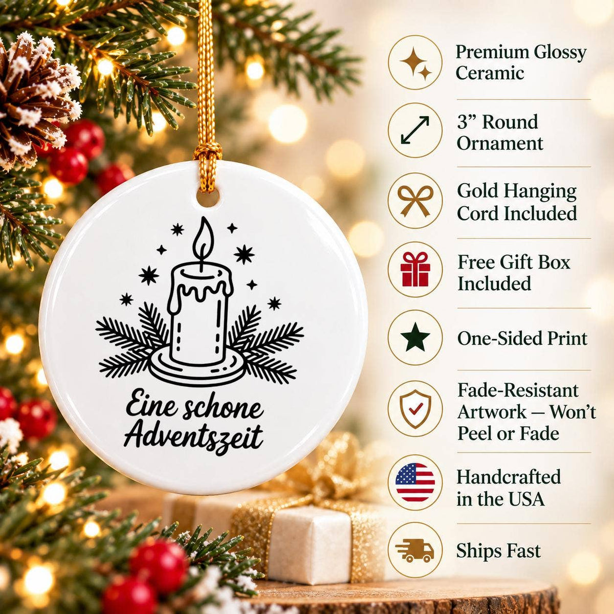 Ceramic Advent Ornament with Candle and Pine Motif in Box